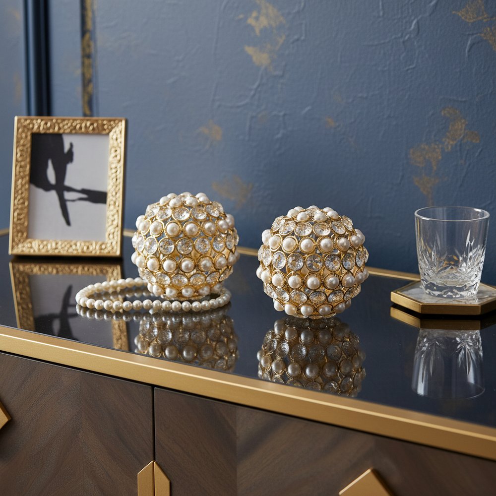 Set of Two 5" Gold Clear And Ivory Metal Faux Crystal And Pearl Decorative Orbs