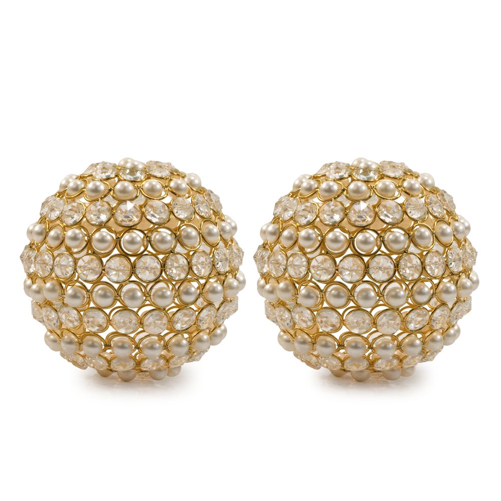 Set of Two 5" Gold Clear And Ivory Metal Faux Crystal And Pearl Decorative Orbs