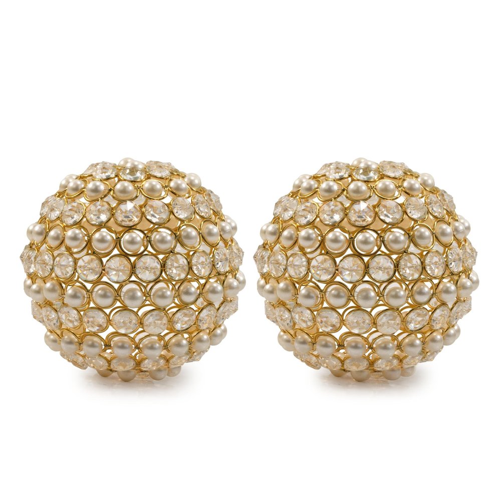 Set of Two 5" Gold Clear And Ivory Metal Faux Crystal And Pearl Decorative Orbs