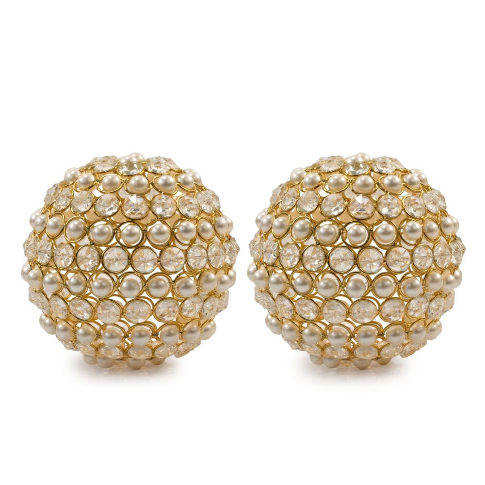 Set of Two 5" Gold Clear And Ivory Metal Faux Crystal And Pearl Decorative Orbs
