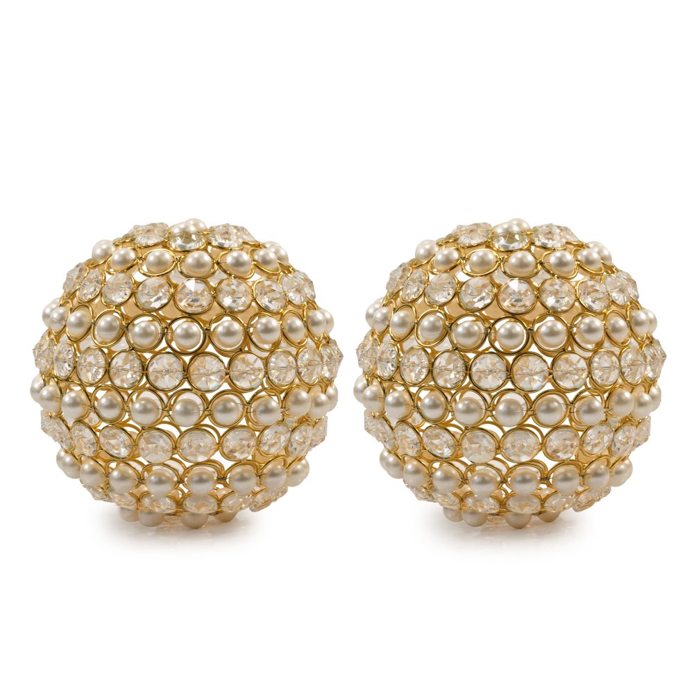 Set of Two 5" Gold Clear And Ivory Metal Faux Crystal And Pearl Decorative Orbs