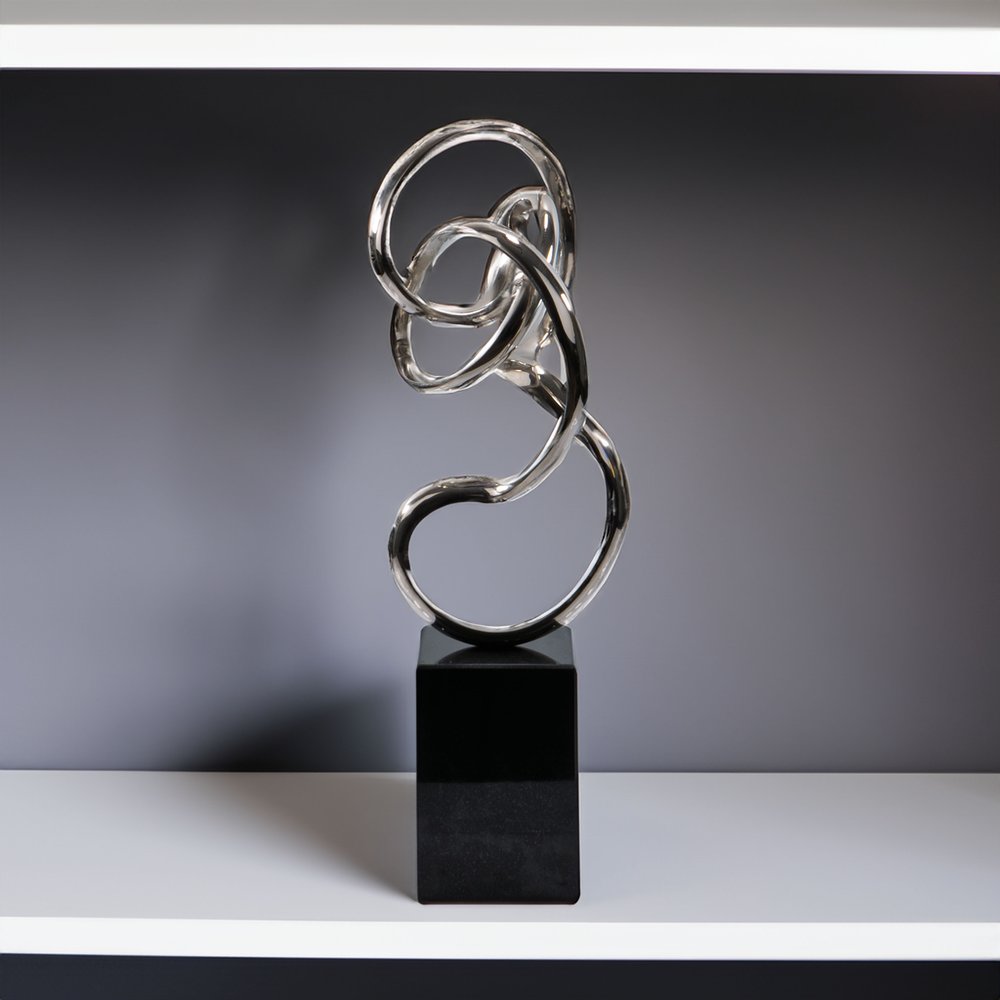 20" Silver And Black Aluminum And Marble Modern Abstract Tabletop Sculpture