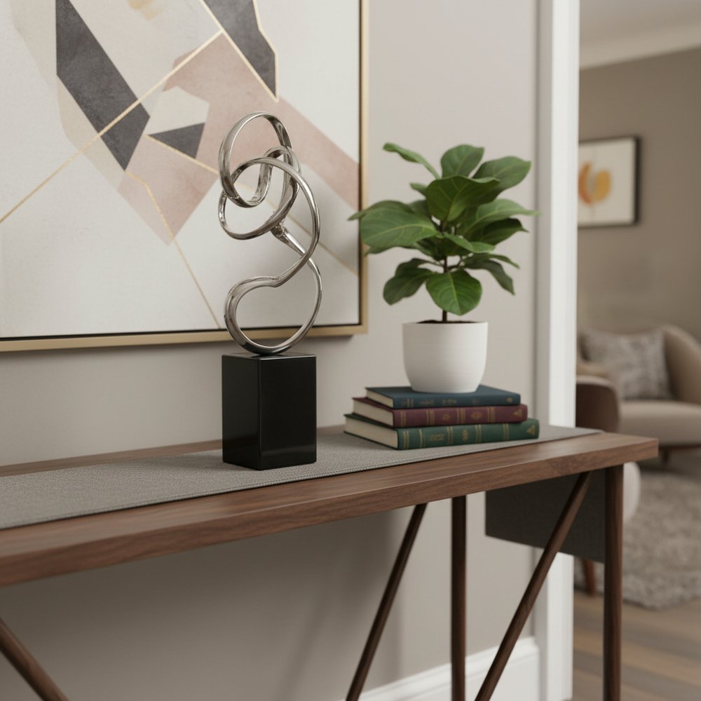 20" Silver And Black Aluminum And Marble Modern Abstract Tabletop Sculpture