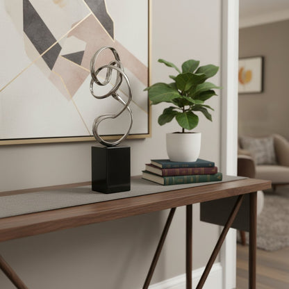 20" Silver And Black Aluminum And Marble Modern Abstract Tabletop Sculpture