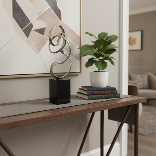 20" Silver And Black Aluminum And Marble Modern Abstract Tabletop Sculpture