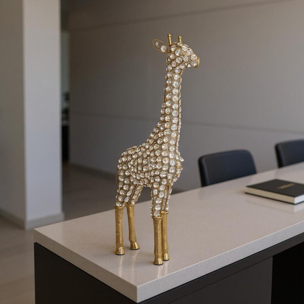 23" Gold Aluminum And Faux Crystal Giraffe Tabletop Sculpture