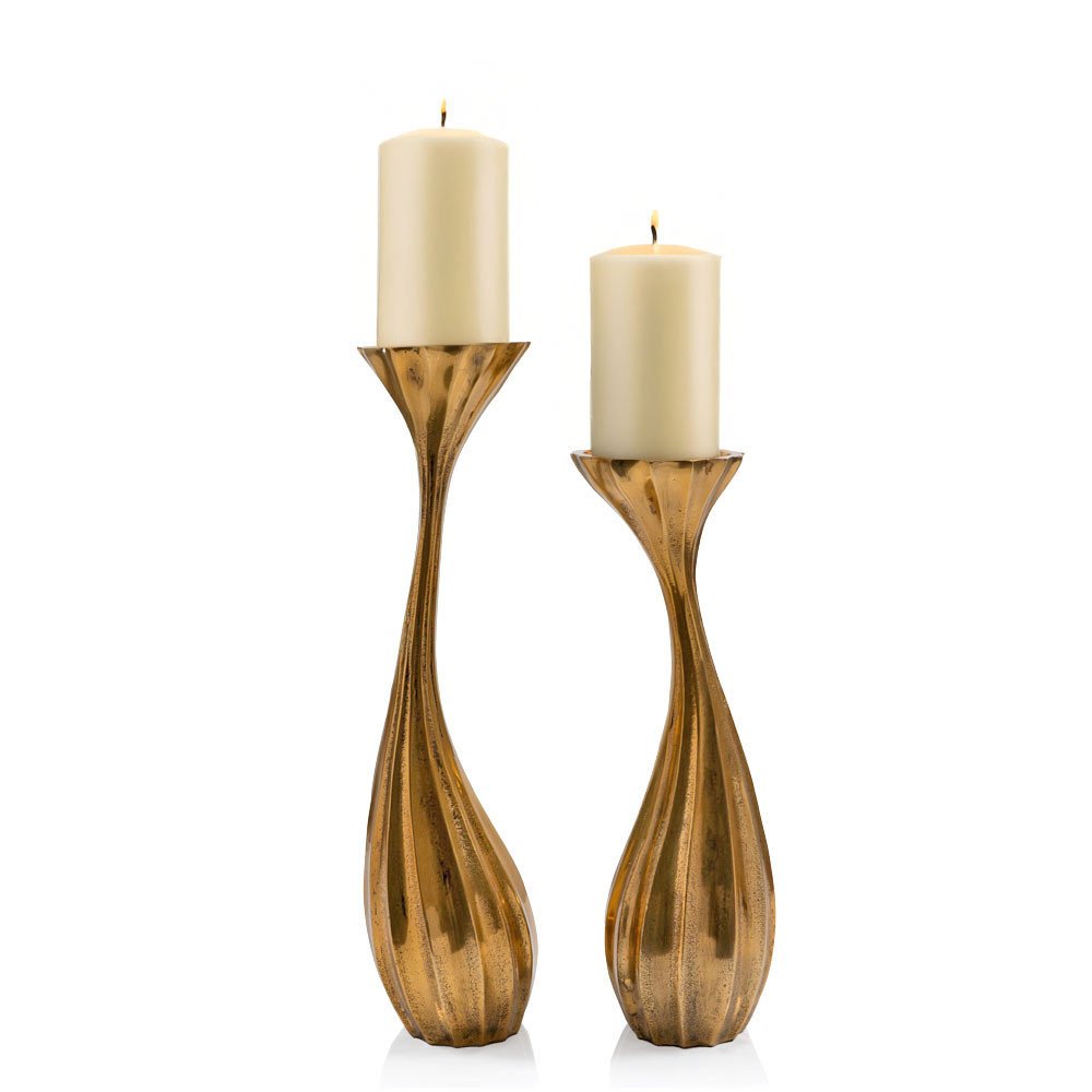 Set of Two Antiqued Gold Aluminum Wavy Faceted Tabletop Pillar Candle Holders