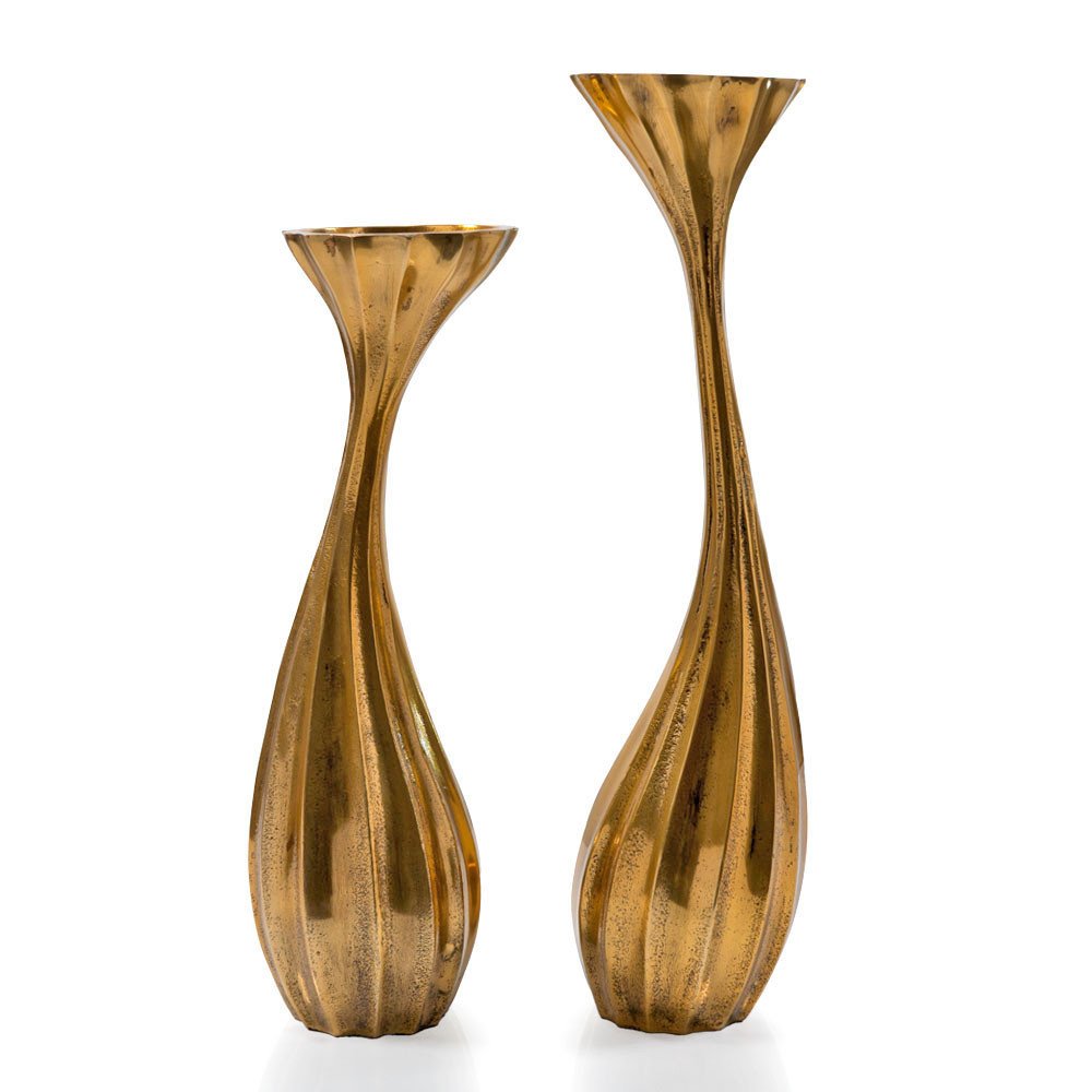 Set of Two Antiqued Gold Aluminum Wavy Faceted Tabletop Pillar Candle Holders