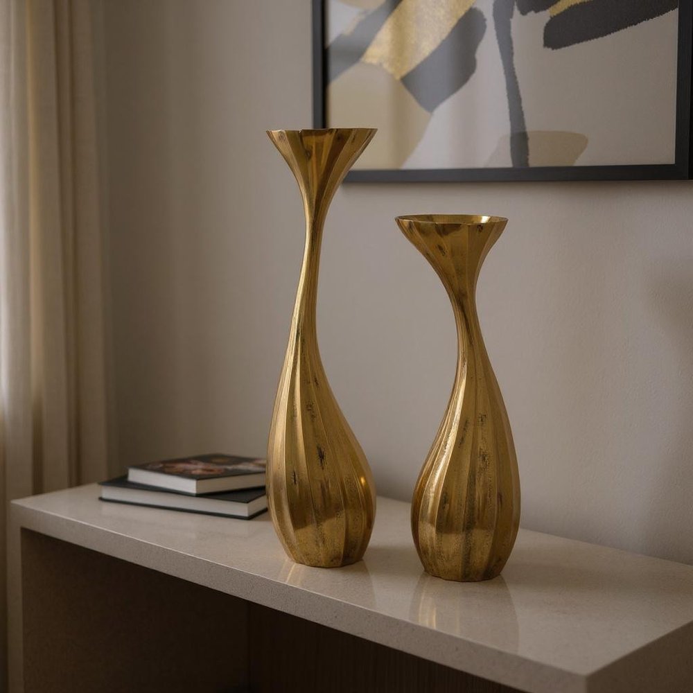 Set of Two Antiqued Gold Aluminum Wavy Faceted Tabletop Pillar Candle Holders