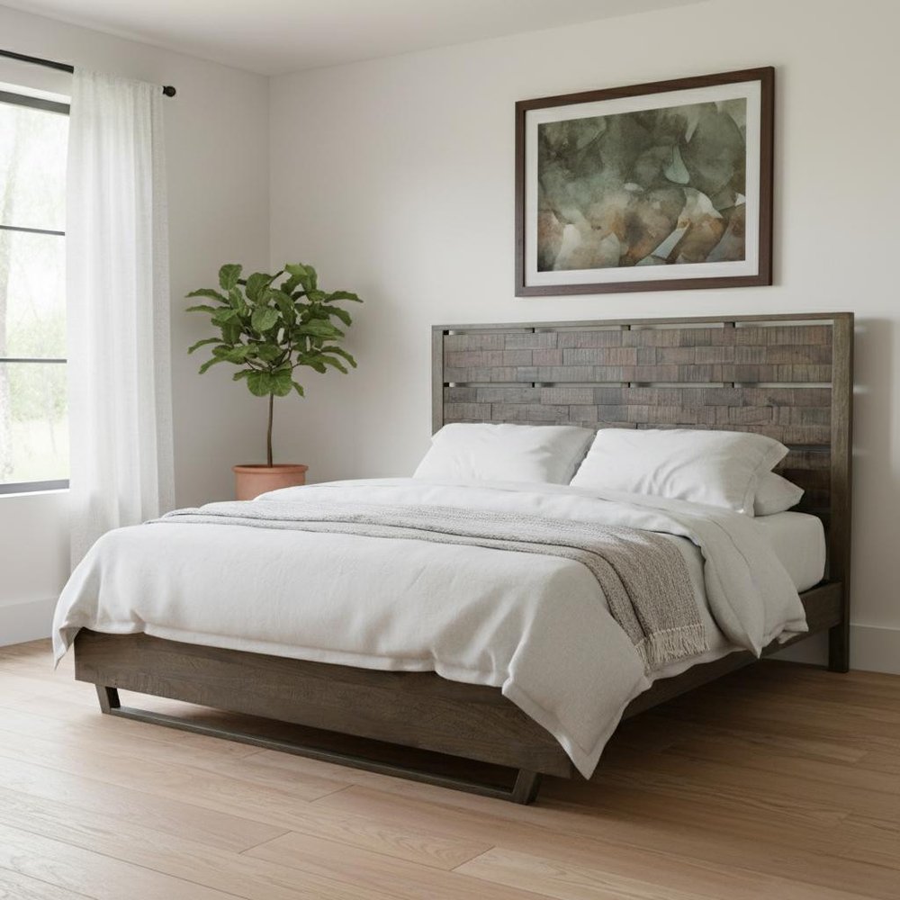 Dark Brown Slat Back Solid Wood King Bed Frame