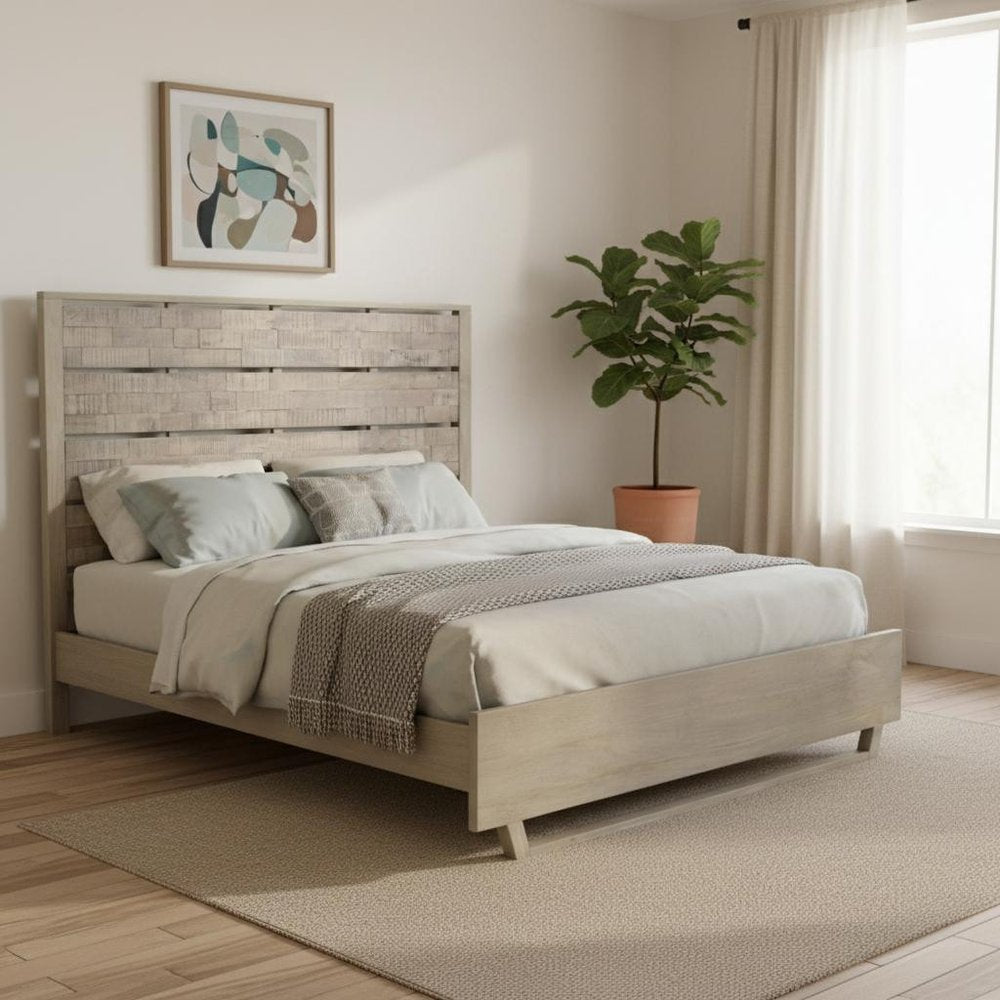 Gray Slat Back Solid Wood King Bed Frame