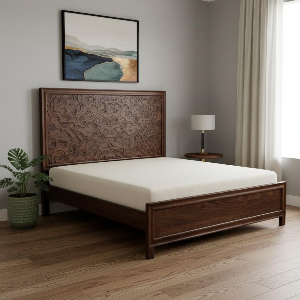 Brown Carved Abstract Solid Wood King Bed Frame