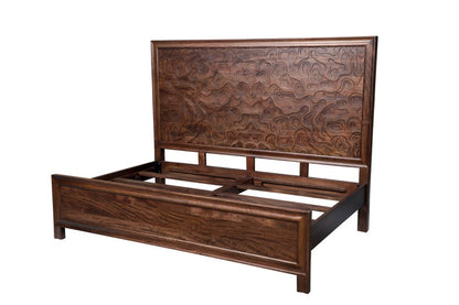 Brown Carved Abstract Solid Wood King Bed Frame