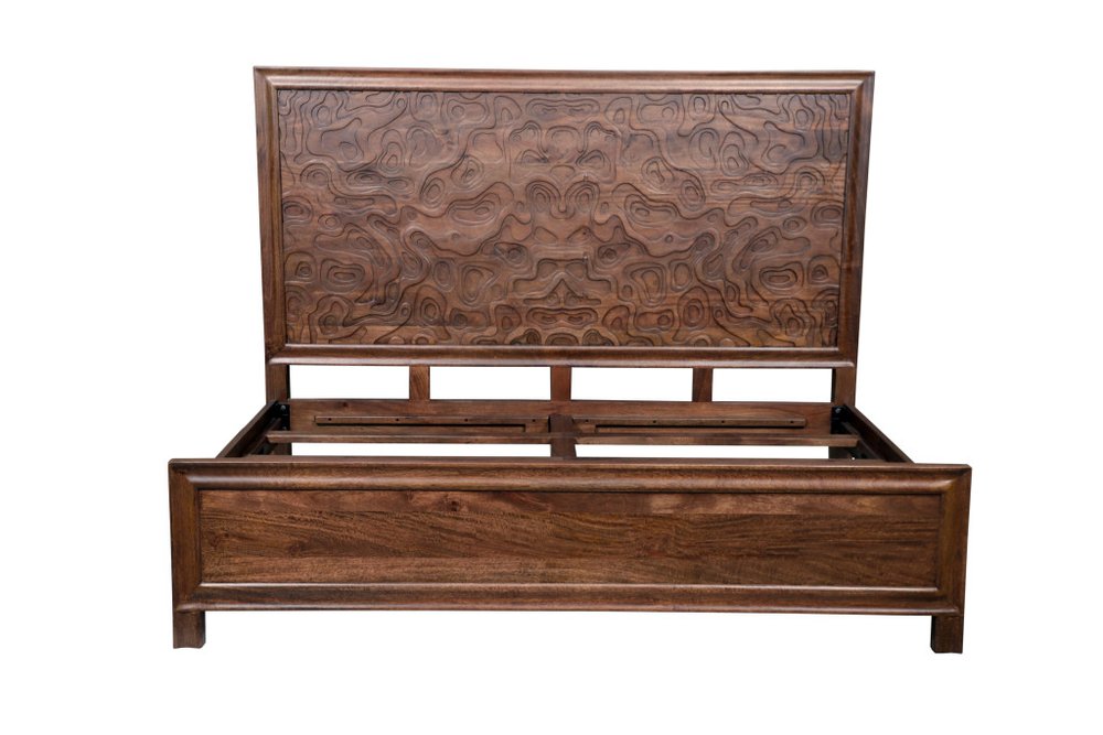 Brown Carved Abstract Solid Wood King Bed Frame