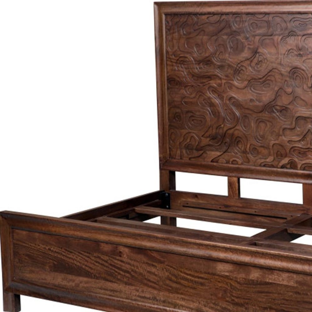 Brown Carved Abstract Solid Wood King Bed Frame