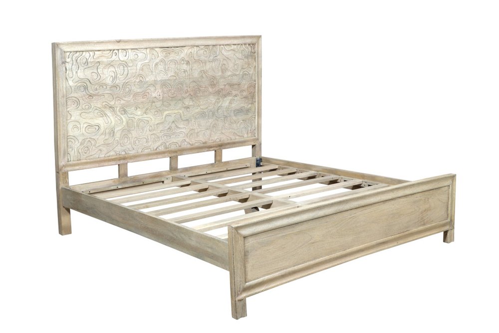 Gray Carved Abstract Solid Wood King Bed Frame