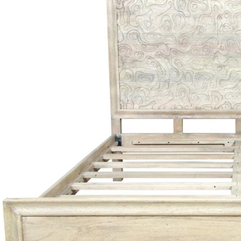 Gray Carved Abstract Solid Wood King Bed Frame