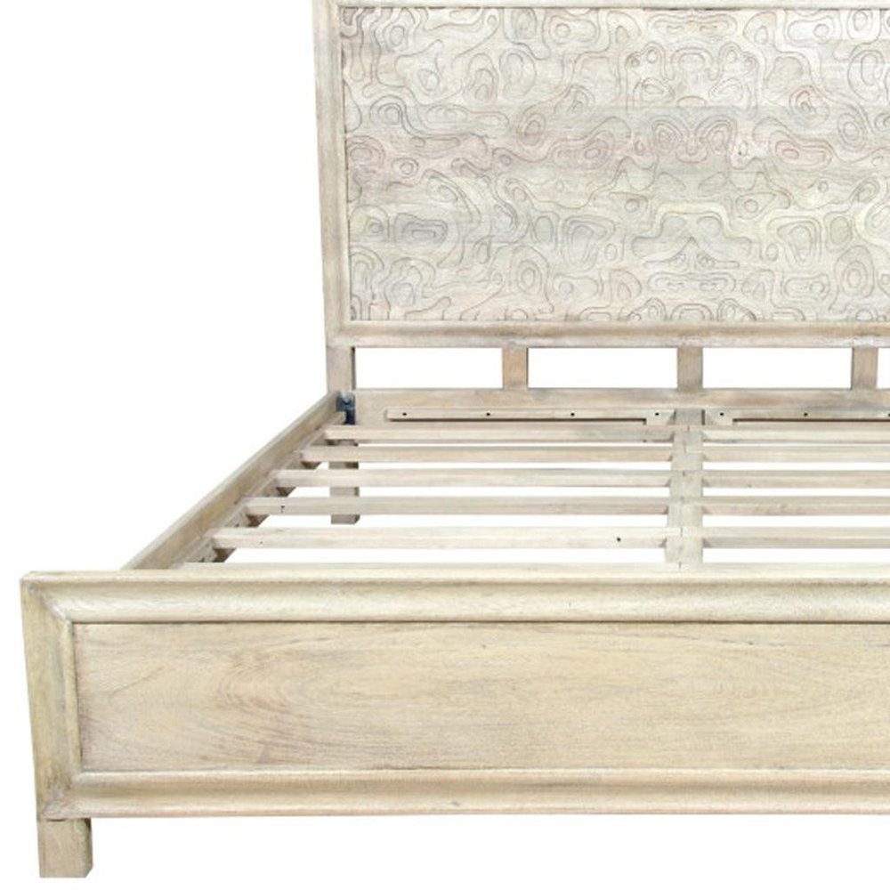 Gray Carved Abstract Solid Wood King Bed Frame