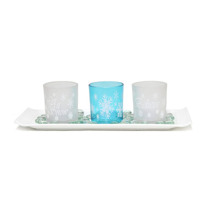 Set of Three Blue And White Snowflake Glass Christmas Tabletop Candle Holders