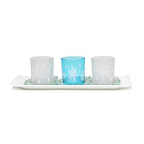 Set of Three Blue And White Snowflake Glass Christmas Tabletop Candle Holders