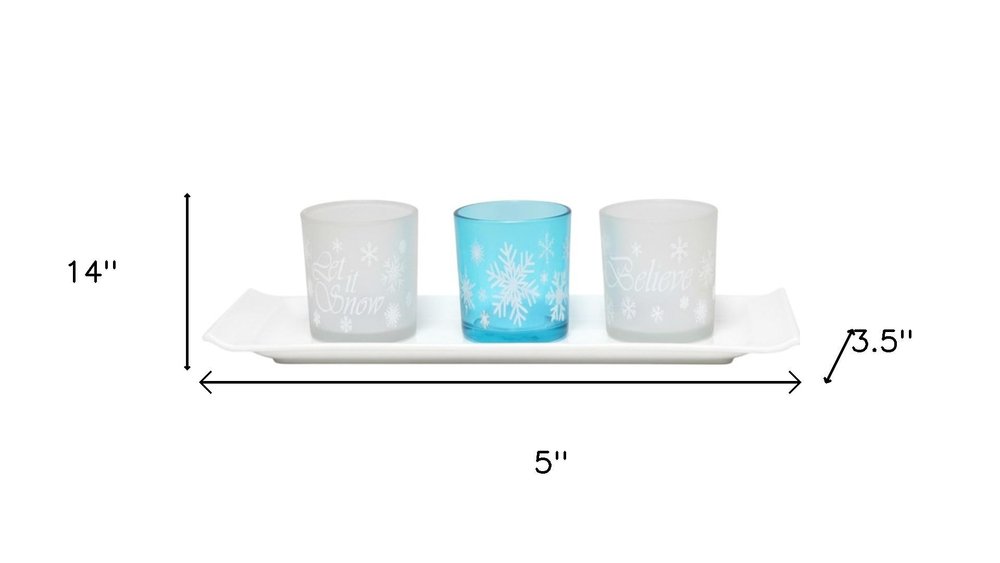 Set of Three Blue And White Snowflake Glass Christmas Tabletop Candle Holders