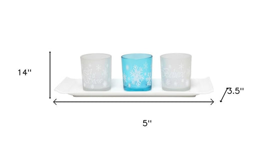 Set of Three Blue And White Snowflake Glass Christmas Tabletop Candle Holders
