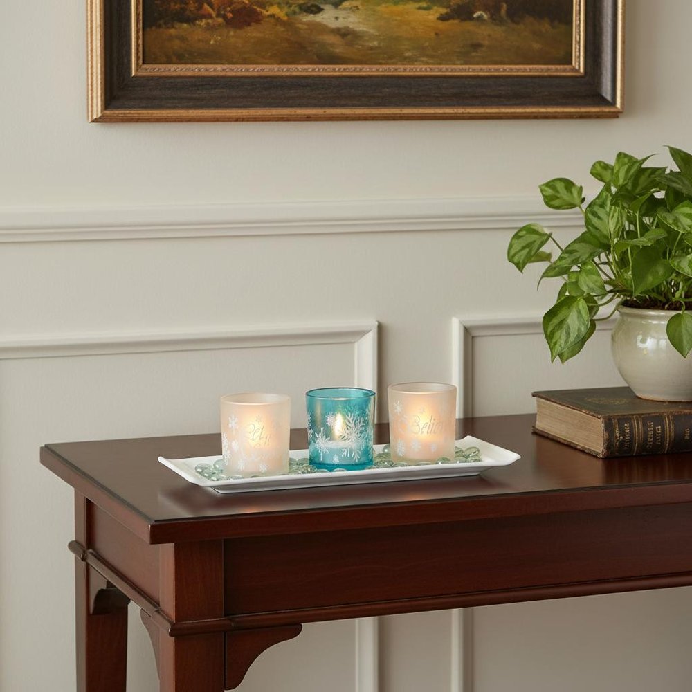 Set of Three Blue And White Snowflake Glass Christmas Tabletop Candle Holders