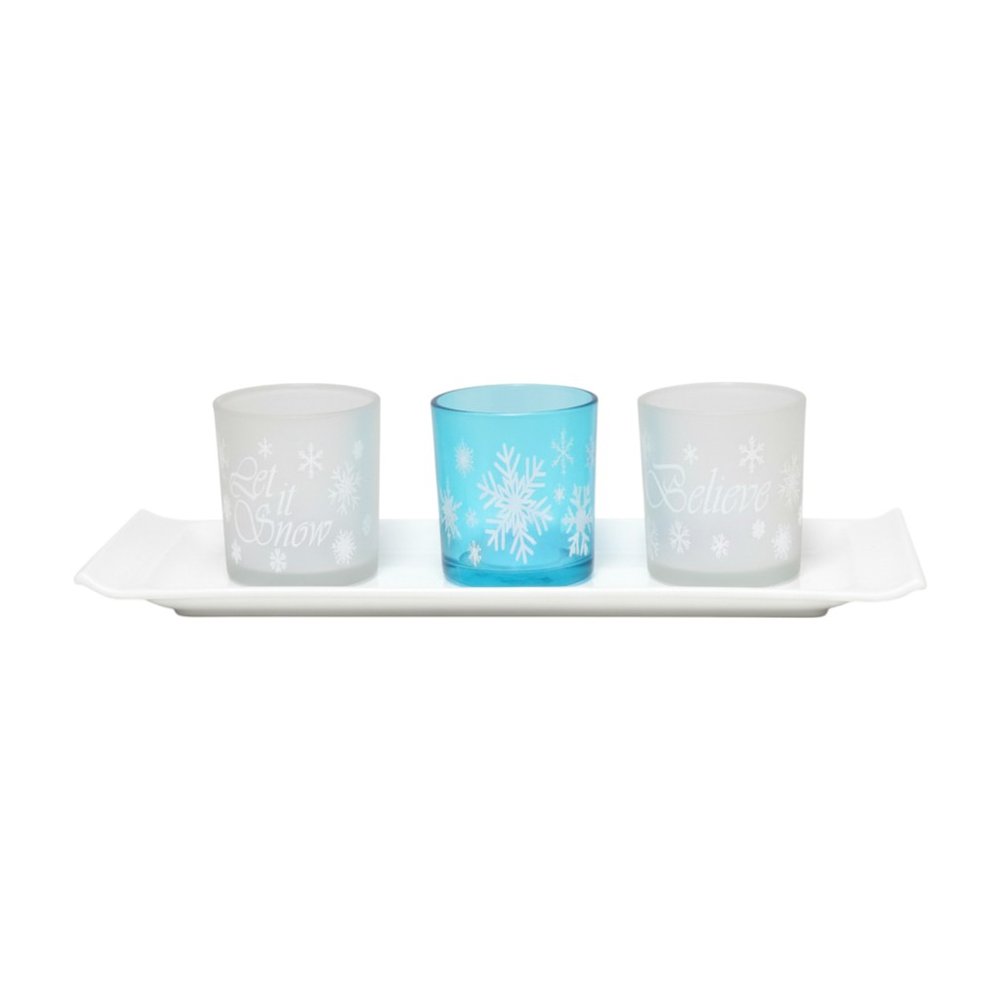 Set of Three Blue And White Snowflake Glass Christmas Tabletop Candle Holders