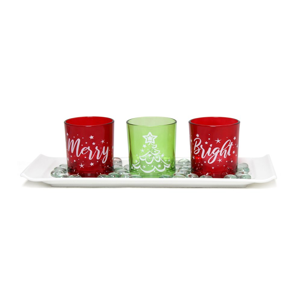 Set of Four Red Green And White Glass Christmas Tabletop Candle Holders