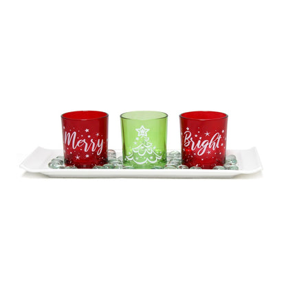 Set of Four Red Green And White Glass Christmas Tabletop Candle Holders
