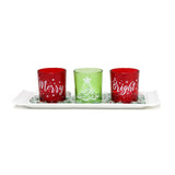Set of Four Red Green And White Glass Christmas Tabletop Candle Holders