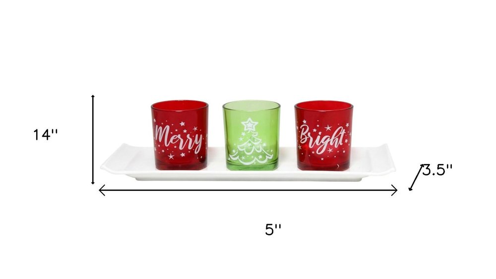 Set of Four Red Green And White Glass Christmas Tabletop Candle Holders