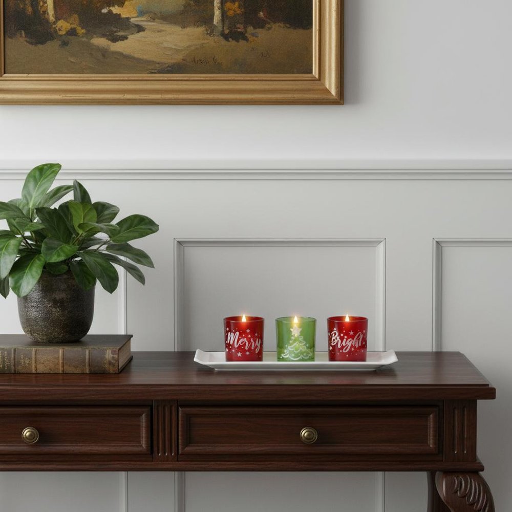 Set of Four Red Green And White Glass Christmas Tabletop Candle Holders