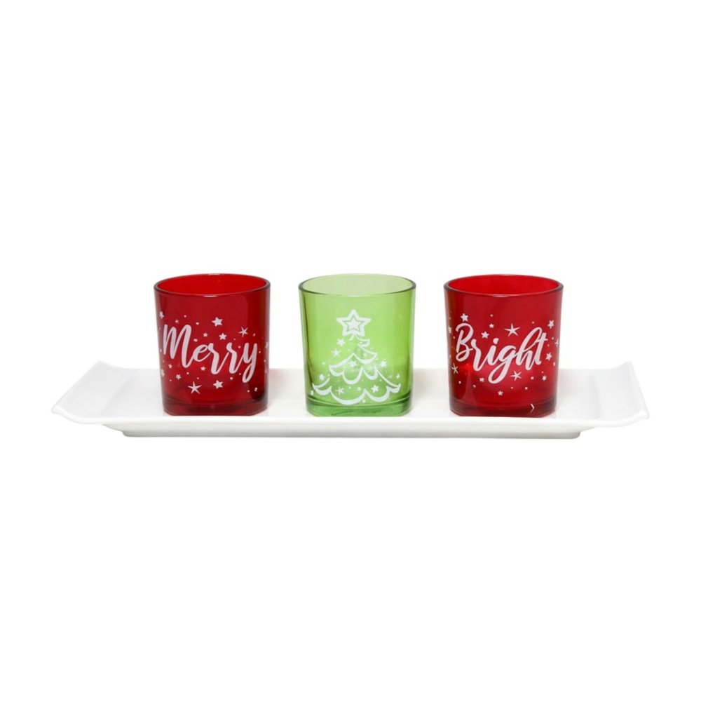 Set of Four Red Green And White Glass Christmas Tabletop Candle Holders