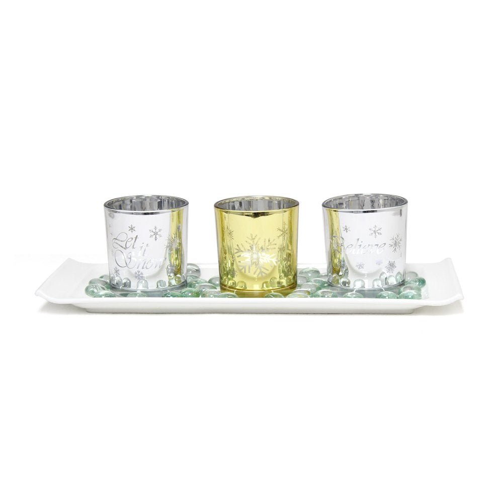 Set of Four Silver Gold And White Snowflake Glass Christmas Tabletop Candle Holders