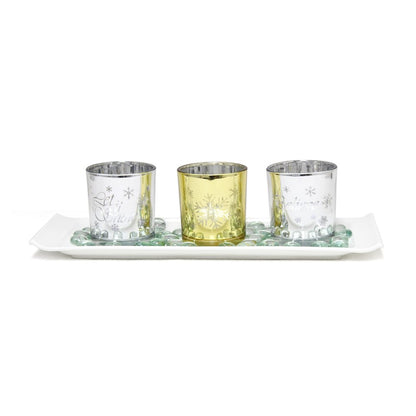 Set of Four Silver Gold And White Snowflake Glass Christmas Tabletop Candle Holders