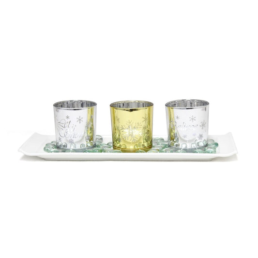 Set of Four Silver Gold And White Snowflake Glass Christmas Tabletop Candle Holders