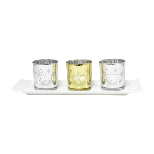 Set of Four Silver Gold And White Snowflake Glass Christmas Tabletop Candle Holders