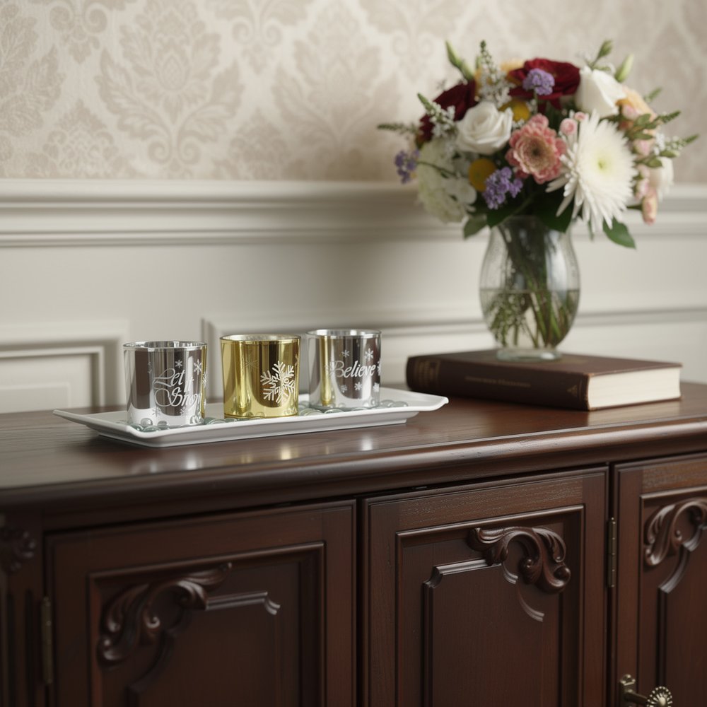 Set of Four Silver Gold And White Snowflake Glass Christmas Tabletop Candle Holders