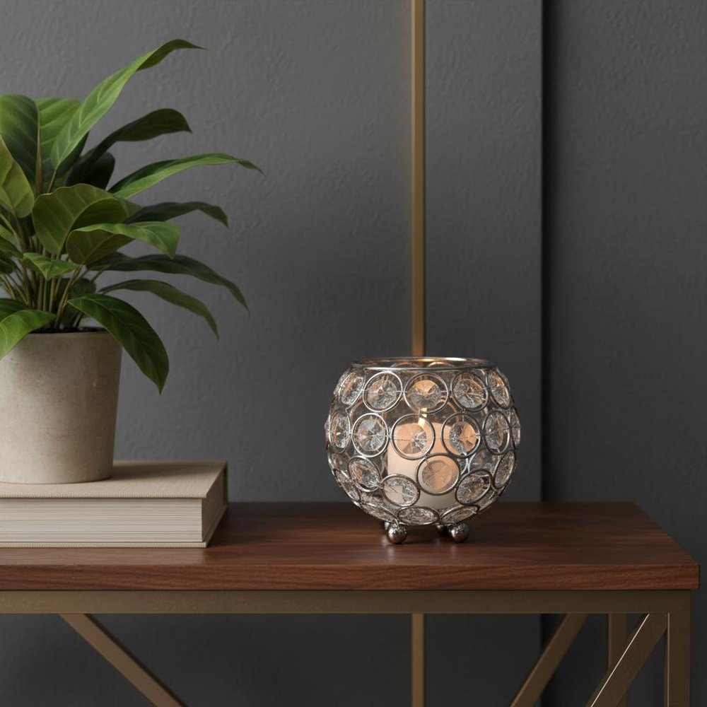 4" Silver Geometric Crystal Tabletop Votive