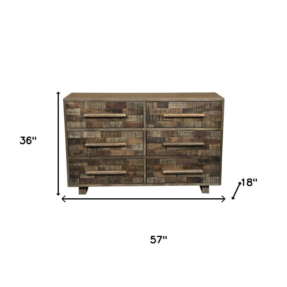 57" Brown Solid Wood Six Drawer Dresser