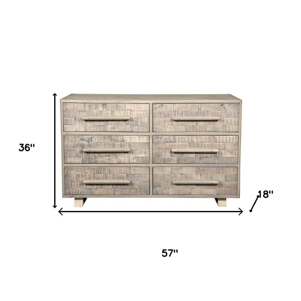 57" Gray Solid Wood Six Drawer Dresser