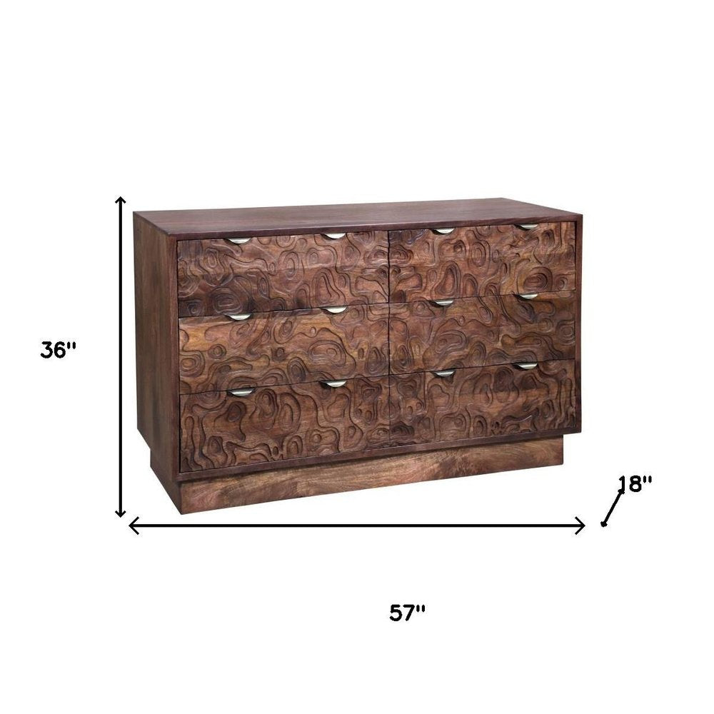 57" Brown Carved Abstract Solid Wood Six Drawer Dresser
