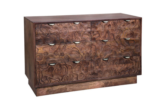 57" Brown Carved Abstract Solid Wood Six Drawer Dresser