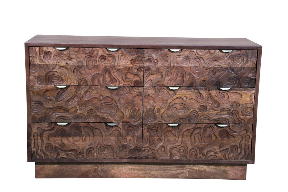 57" Brown Carved Abstract Solid Wood Six Drawer Dresser