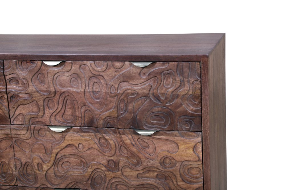 57" Brown Carved Abstract Solid Wood Six Drawer Dresser