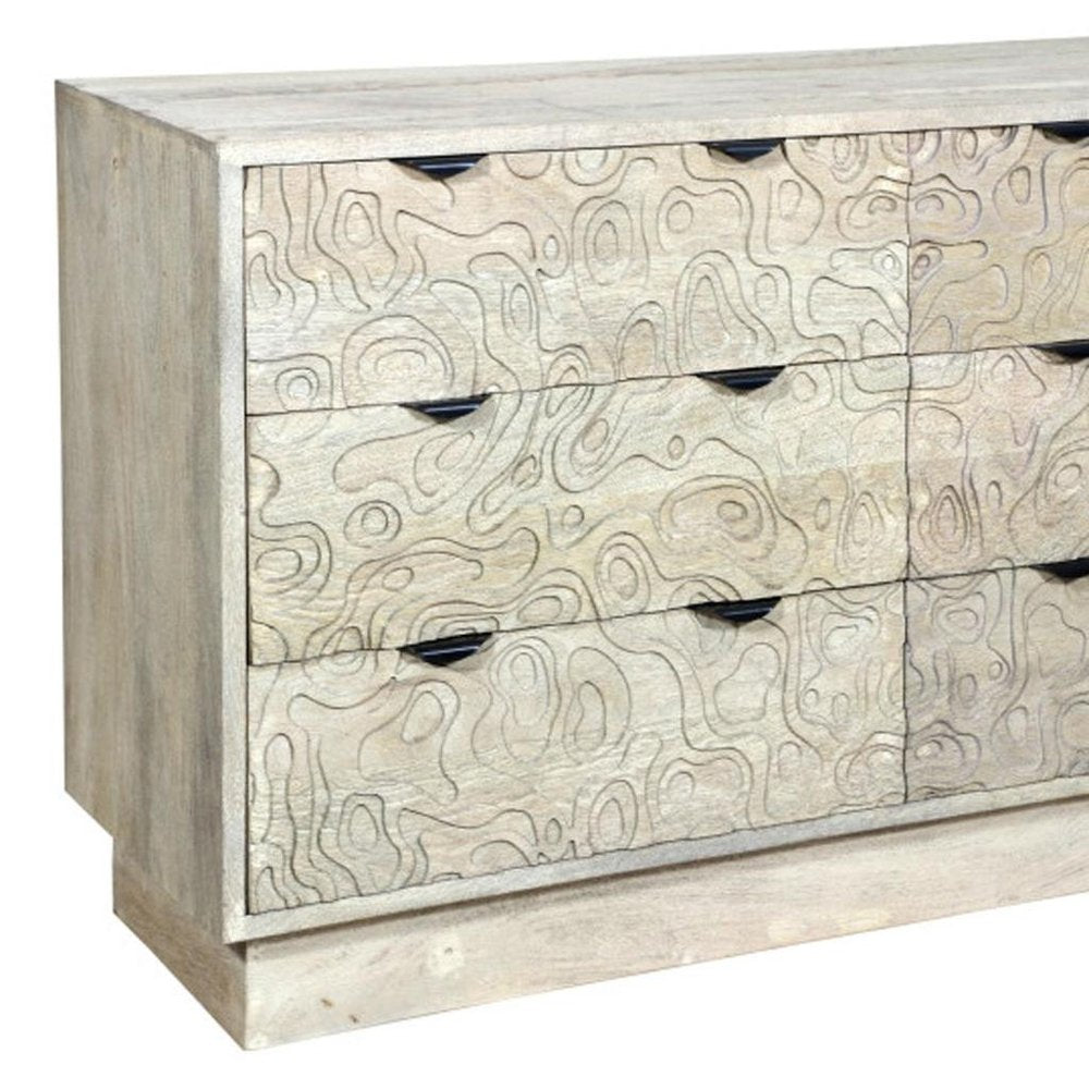 57" Gray Carved Geometric Solid Wood Six Drawer Dresser