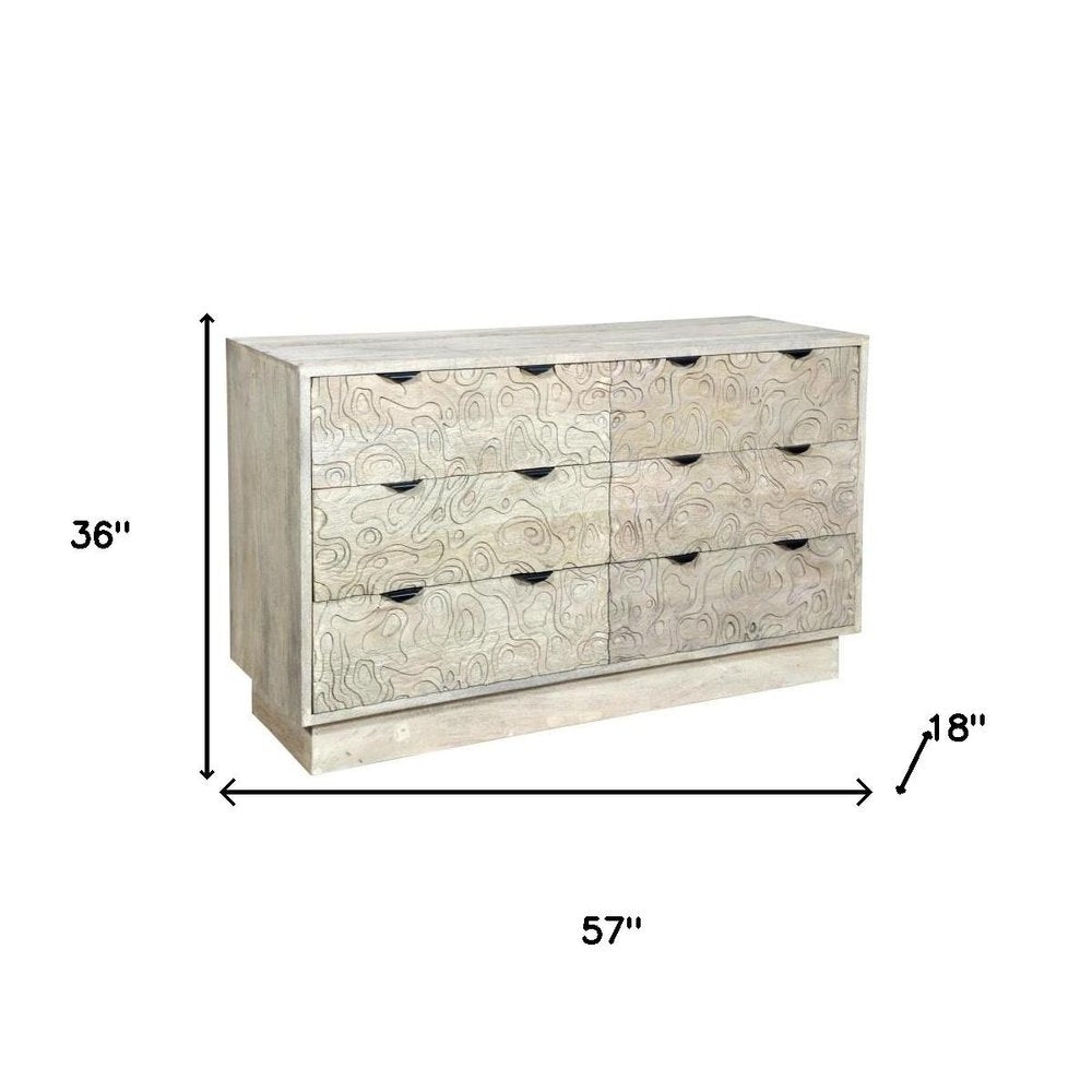 57" Gray Carved Geometric Solid Wood Six Drawer Dresser