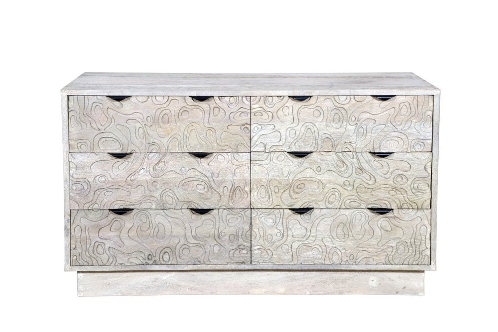 57" Gray Carved Geometric Solid Wood Six Drawer Dresser