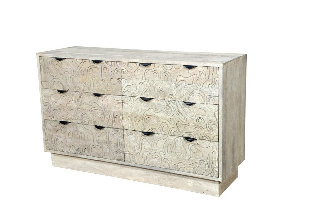 57" Gray Carved Geometric Solid Wood Six Drawer Dresser